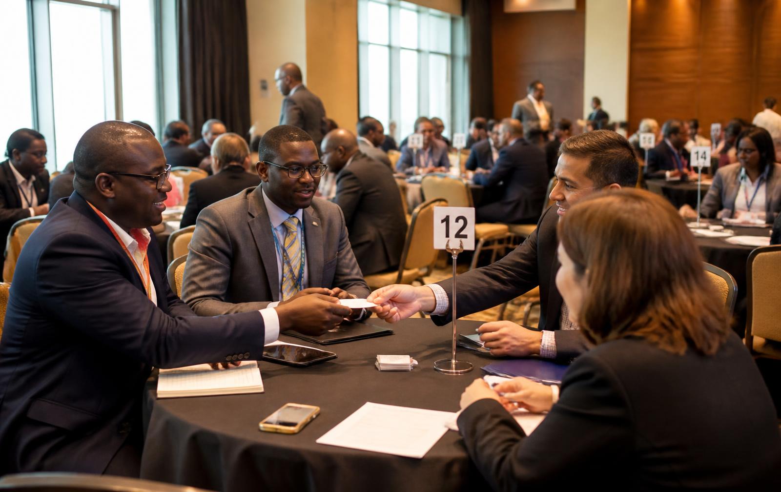 Delegates exchanging business cards at a numbered matchmaking table in Atlanta