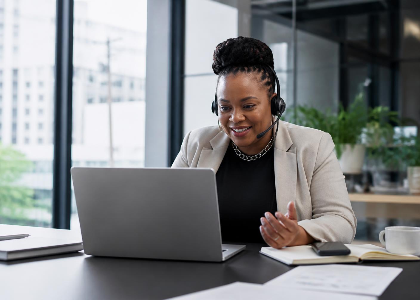 A business owner joining a Go Global virtual matchmaking session from her office